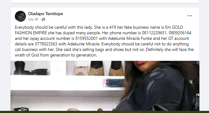Facebook post claiming the vendor is a fraudster