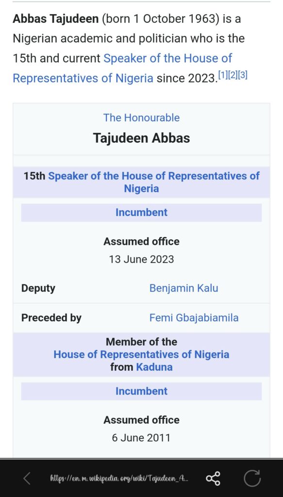 Tajudeen Abbas date of birth according to Wikipedia
