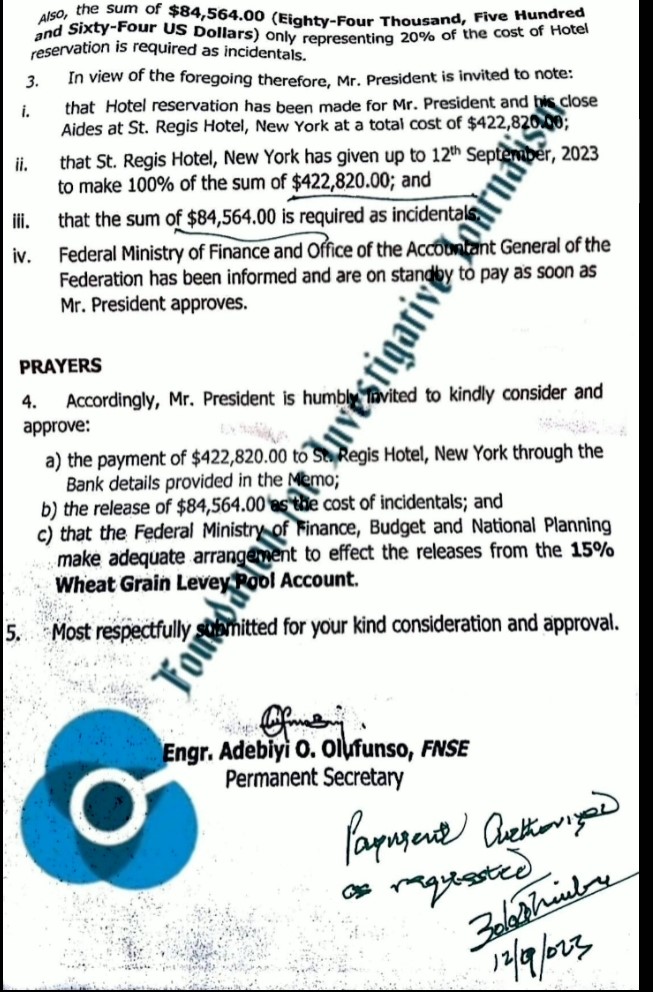 Memo showing cost of hotel reservation for President Tinubu and aides