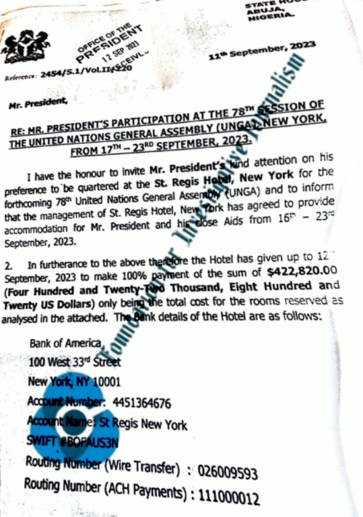 Memo showing cost of hotel reservation for President Tinubu and aides