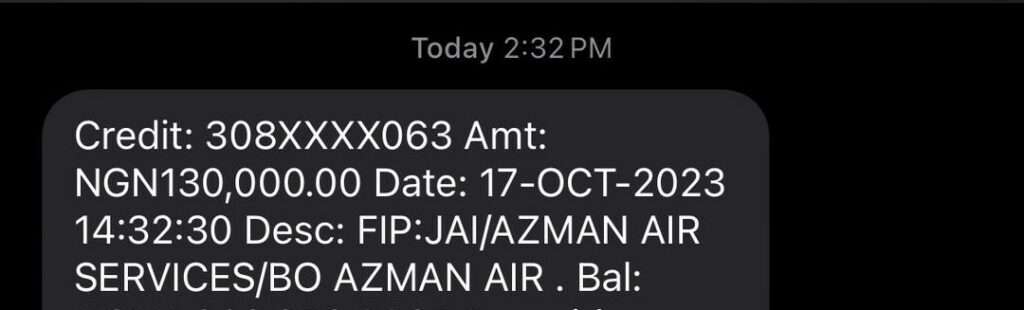 A screenshot of the refund from Azman Air