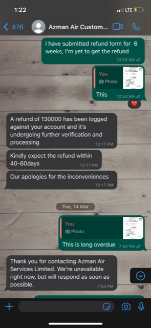 WhatsApp chat between Azman Air and customer 