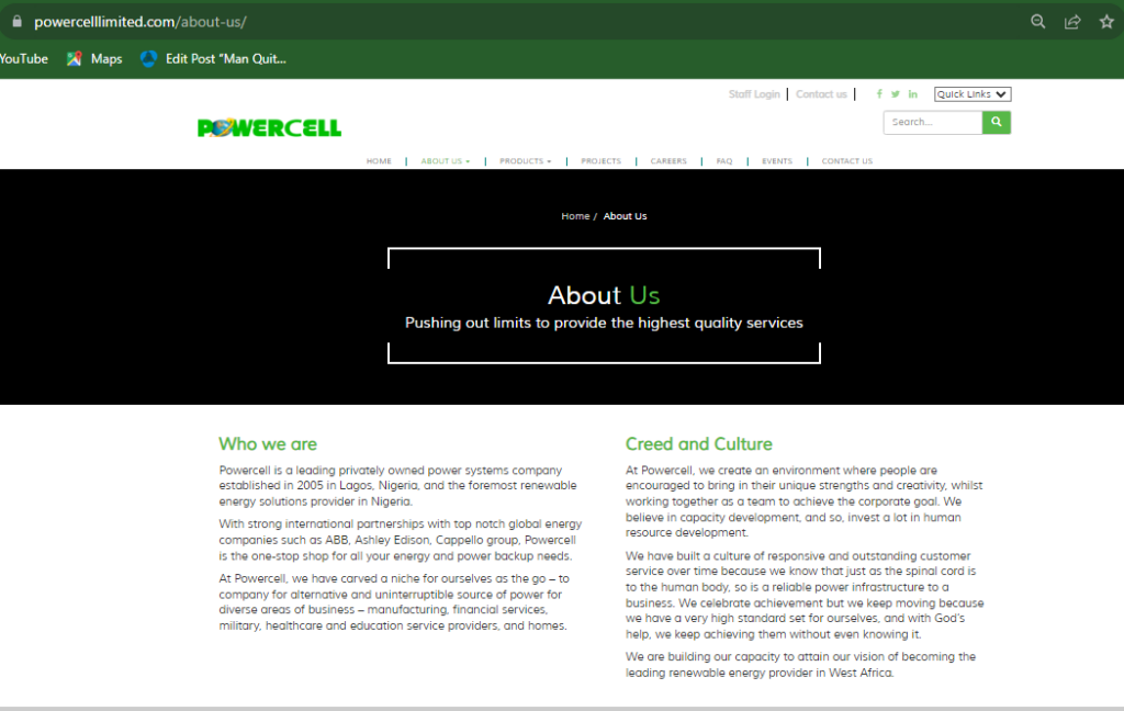 
Screenshot of Powercell 'About Us' page