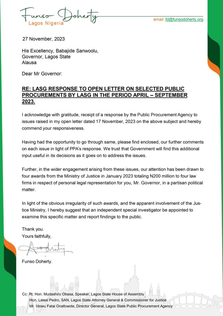 Funso Doherty's letter dated November 27