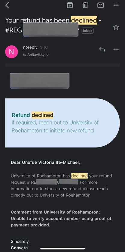 refund decline from UK university