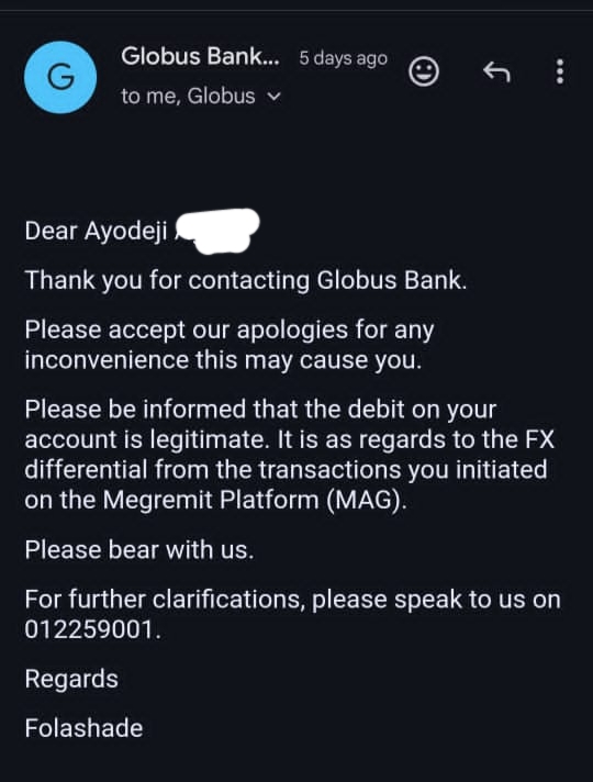 Emailed from Globus bank