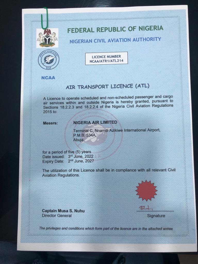 License certificate issued by the Nigerian Civil Aviation Authority for the commencement of the national carrier. 