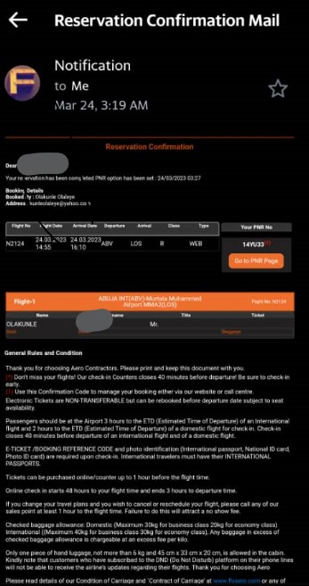 The email from Aero Contractor confirming his reservation