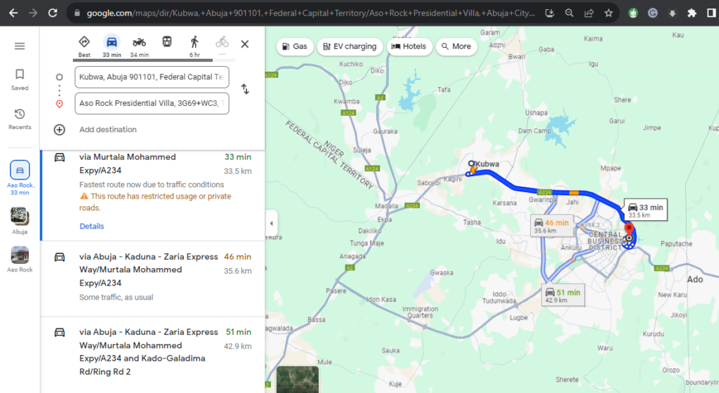 A Google map screenshot showing the distance between Kubwa and Aso Rock presidential Villa