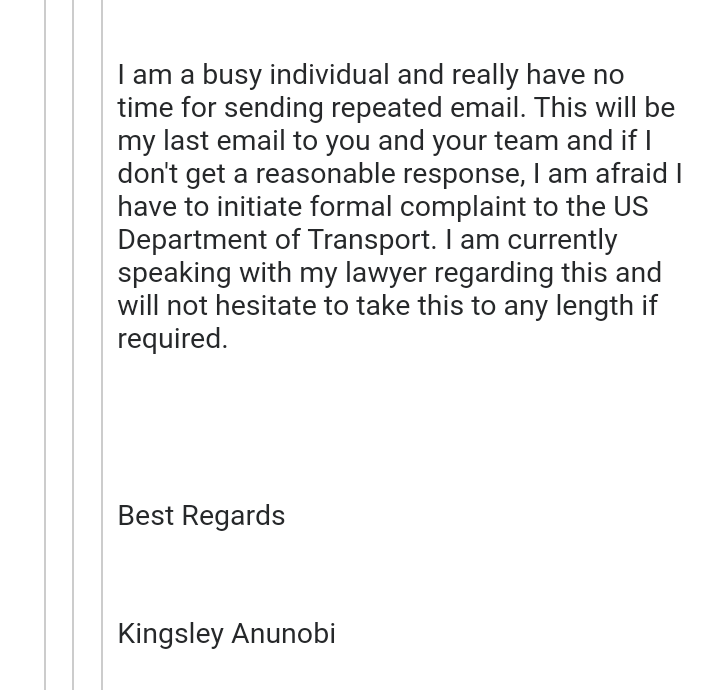 Anunobi's Mail to United Airlines