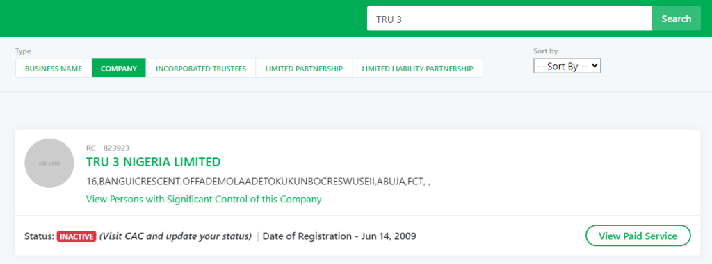 Tru 3 Nigeria Limited on CAC