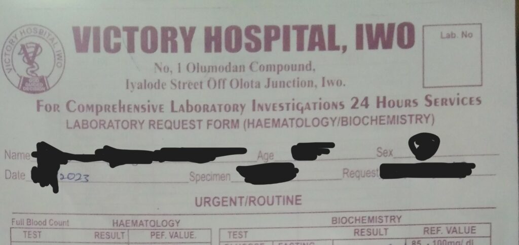 Screenshot of a laboratory form at Victory Hospital, Iwo