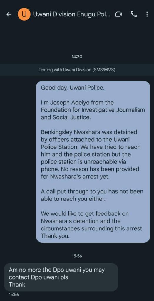 FIJ's text message to Uwani Division Enugu police