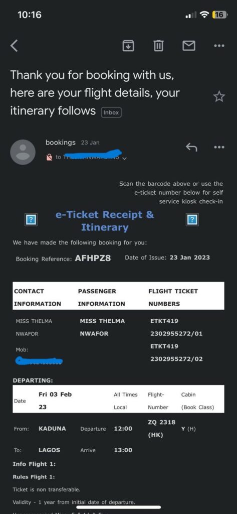 Flight Receipt from Azman Air