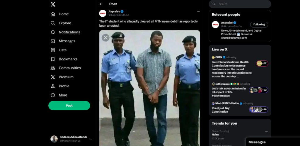 post claiming IT student has been arrested