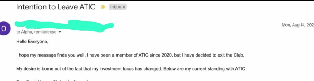 Email sent by a member requesting to exit the investment group
