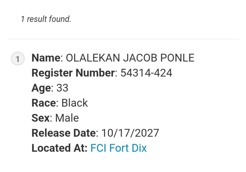 A screenshot from the prison inmate locator database