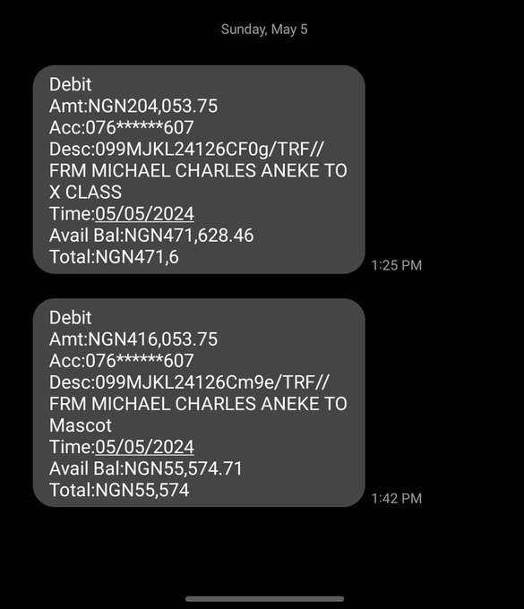 Screenshot of debit alerts