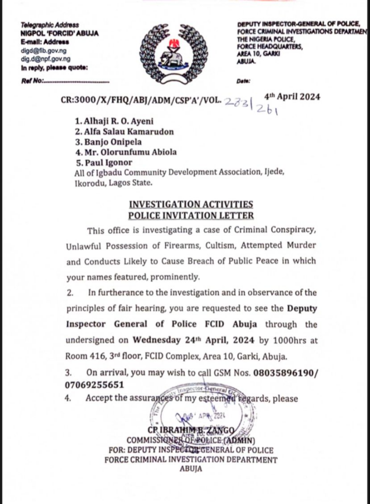 A copy of the letter of invitation sent to some of the residents by the FCID