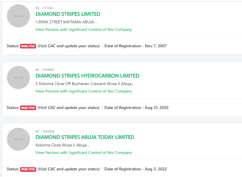 The status of Diamond Stripes Limited as seen on the CAC portal