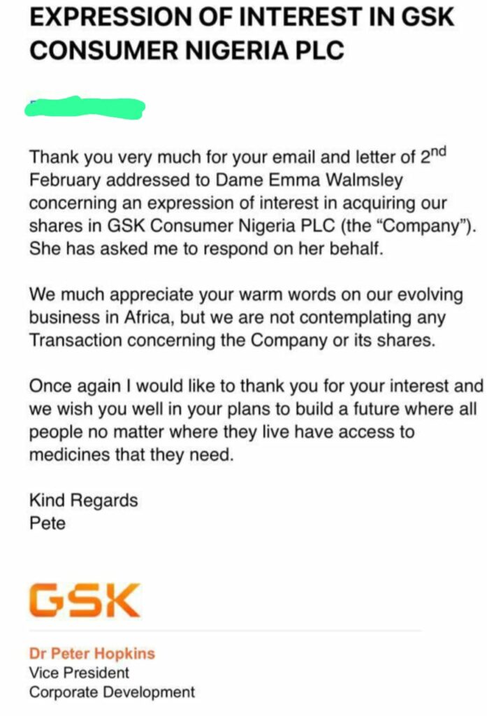 Letter from GSK UK rejecting an offer from another private equity company