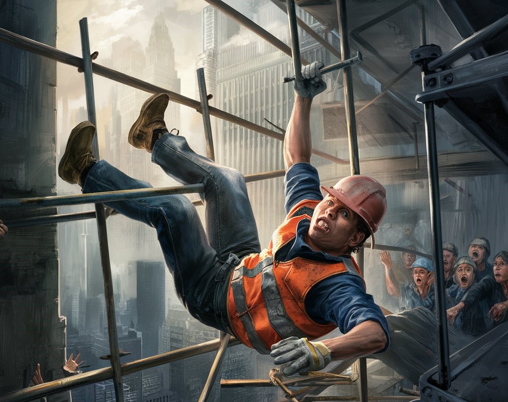 AI-generated image showing a construction worker fall from a scaffold