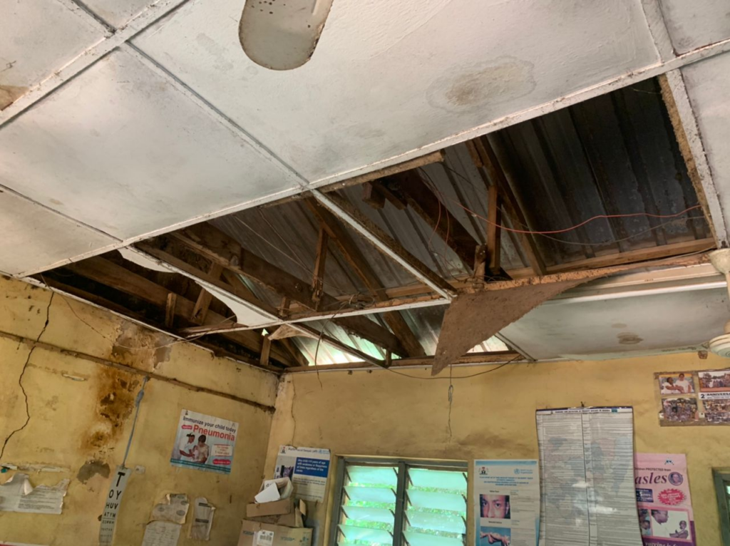 A leaking roof inside the community health centre in Agbon-Ojodu