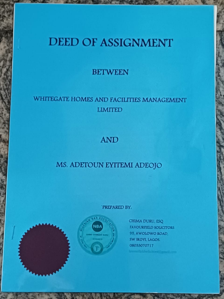 Adetoun's deed of assignment for the land she purchased from Whitegate Homes