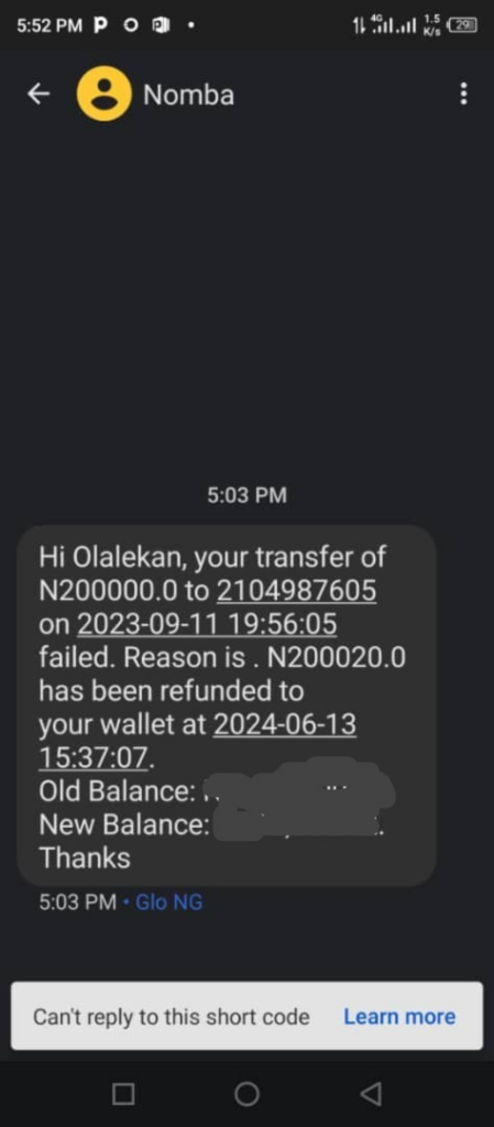 Snapshots of the refund to Olalekan