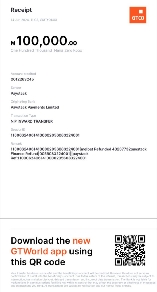 
Receipts of GT Bank's refund to Atobatele