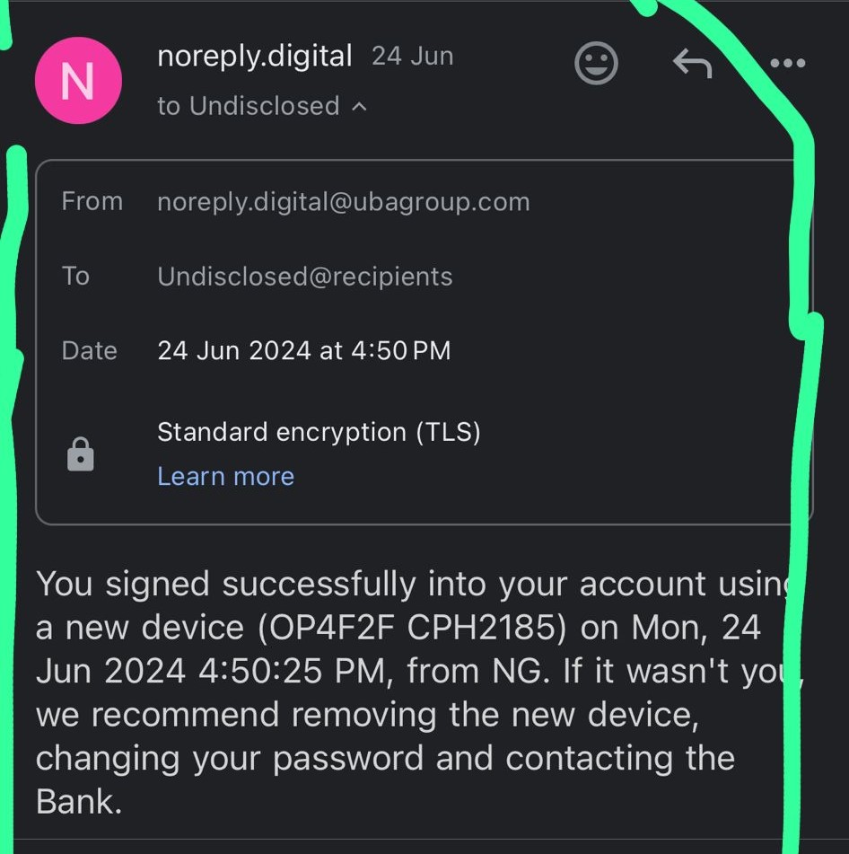 The email notification for a new attached device from Nigeria