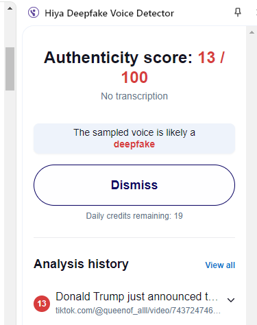 Artificial intelligence analysis on Hiya Deepfake Voice Detector